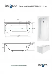BESCO - Obdĺžniková vaňa CONTINEA - Nožičky k vani - S nožičkami, Rozmer vane - 150 × 70 cm VANCONT150+OLVPINOZ