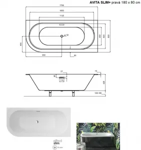 BESCO - Asymetrická vaňa AVITA SLIM+ - Nožičky k vani - S nožičkami, Rozmer vane - 180 × 80 cm, Spôsob prevedenia - Pravé VANAVIT18SLIMPP+OLVPINOZSTELWD