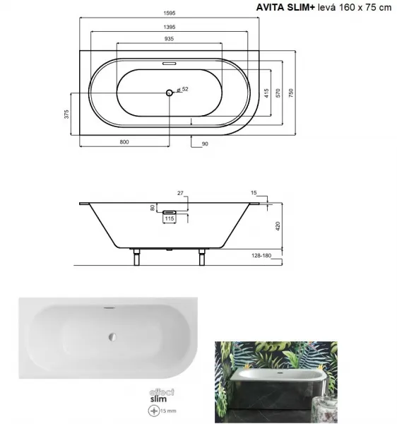 BESCO - Asymetrická vaňa AVITA SLIM+ - Nožičky k vani - S nožičkami, Rozmer vane - 160 × 75 cm, Spôsob prevedenia - Ľavé VANAVIT16SLIMLP+OLVPINOZ