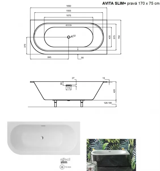 BESCO - Asymetrická vaňa AVITA SLIM+ - Nožičky k vani - S nožičkami, Rozmer vane - 170 × 75 cm, Spôsob prevedenia - Pravé VANAVIT17SLIMPP+OLVPINOZ