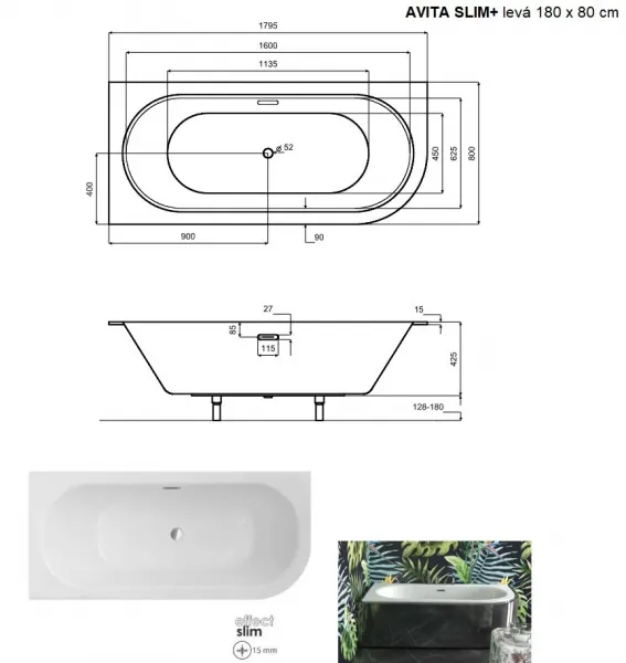 BESCO - Asymetrická vaňa AVITA SLIM+ - Nožičky k vani - S nožičkami, Rozmer vane - 180 × 80 cm, Spôsob prevedenia - Ľavé VANAVIT18SLIMLP+OLVPINOZSTELWD