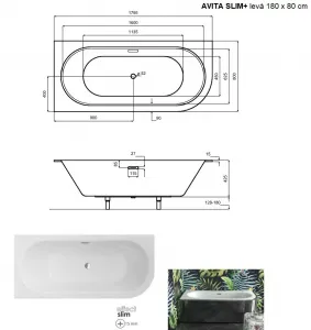 BESCO - Asymetrická vaňa AVITA SLIM+ - Nožičky k vani - S nožičkami, Rozmer vane - 180 × 80 cm, Spôsob prevedenia - Ľavé VANAVIT18SLIMLP+OLVPINOZSTELWD