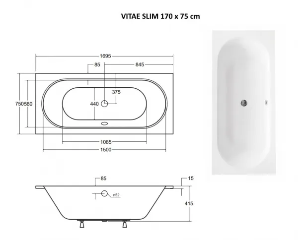 BESCO - Obdĺžniková vaňa VITAE SLIM - Nožičky k vani - Bez nožičiek, Rozmer vane - 170 × 75 cm VANVITAE170SLIM
