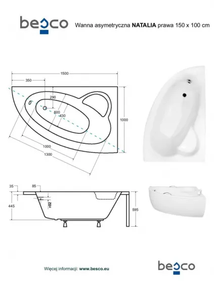 BESCO - Asymetrická vaňa NATALIA - Nožičky k vani - S nožičkami, Rozmer vane - 150 × 100 cm, Spôsob prevedenia - Pravé VANNAT150P+OLVPINOZ