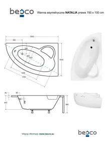 BESCO - Asymetrická vaňa NATALIA - Nožičky k vani - S nožičkami, Rozmer vane - 150 × 100 cm, Spôsob prevedenia - Pravé VANNAT150P+OLVPINOZ