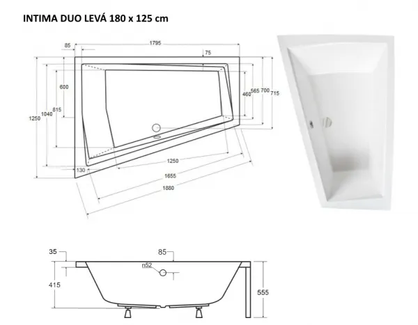 BESCO - Asymetrická vaňa INTIMA DUO - Nožičky k vani - Bez nožičiek, Rozmer vane - 180 × 125 cm, Spôsob prevedenia - Ľavé VANINTID18L