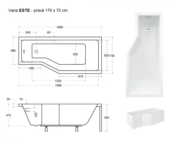 BESCO - Asymetrická vaňa ESTE - Rozmer vane - 170 × 75 cm, Spôsob prevedenia - Pravé VANEST17P + OLVPINOZ