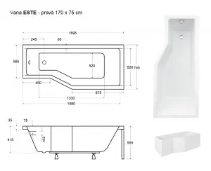 BESCO - Asymetrická vaňa ESTE - Rozmer vane - 170 × 75 cm, Spôsob prevedenia - Pravé VANEST17P + OLVPINOZ