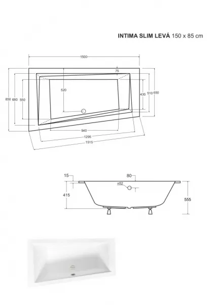 BESCO - Asymetrická vaňa INTIMA SLIM - Nožičky k vani - Bez nožičiek, Rozmer vane - 150 × 85 cm, Spôsob prevedenia - Ľavé VANINTI15SLIML