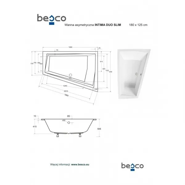 BESCO - Asymetrická vaňa INTIMA DUO SLIM - Nožičky k vani - S nožičkami, Rozmer vane - 180 × 125 cm, Spôsob prevedenia - Ľavé VANINTID18SLIML + OLVPINOZSTELID
