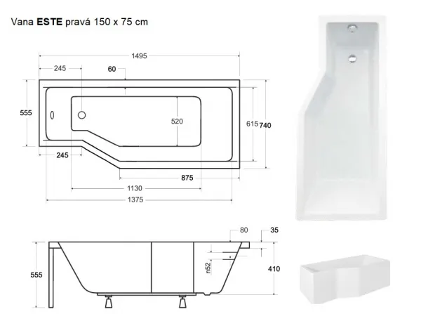 BESCO - Asymetrická vaňa ESTE - Rozmer vane - 150 × 75 cm, Spôsob prevedenia - Pravé VANEST15P + OLVPINOZ
