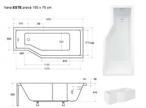 BESCO - Asymetrická vaňa ESTE - Rozmer vane - 150 × 75 cm, Spôsob prevedenia - Pravé VANEST15P + OLVPINOZ