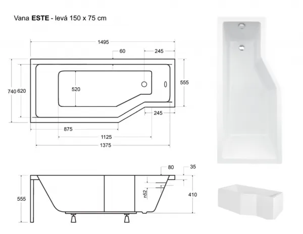 BESCO - Asymetrická vaňa ESTE - Rozmer vane - 150 × 75 cm, Spôsob prevedenia - Ľavé VANEST15L + OLVPINOZ