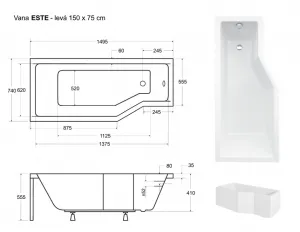 BESCO - Asymetrická vaňa ESTE - Rozmer vane - 150 × 75 cm, Spôsob prevedenia - Ľavé VANEST15L + OLVPINOZ