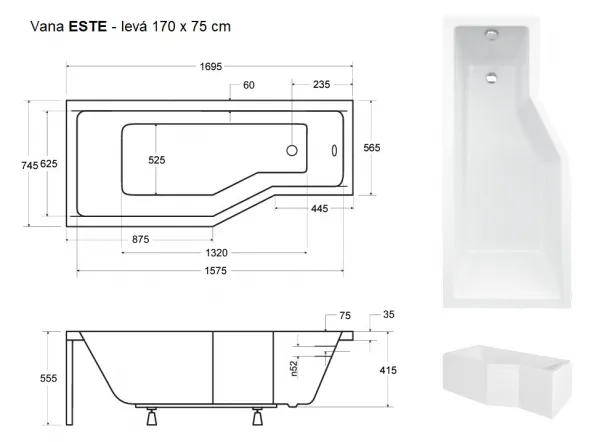 BESCO - Asymetrická vaňa ESTE - Rozmer vane - 170 × 75 cm, Spôsob prevedenia - Ľavé VANEST17L + OLVPINOZ