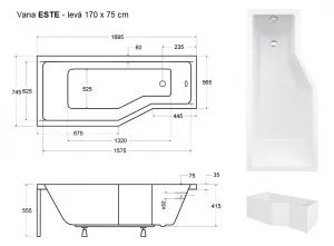 BESCO - Asymetrická vaňa ESTE - Rozmer vane - 170 × 75 cm, Spôsob prevedenia - Ľavé VANEST17L + OLVPINOZ