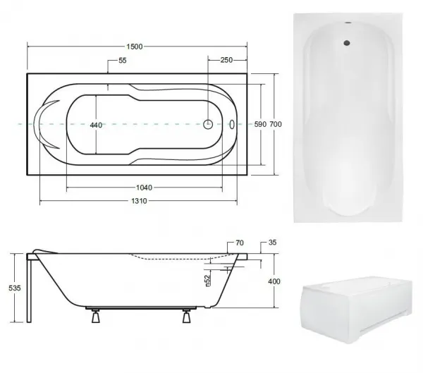 BESCO - Obdĺžniková vaňa Vindobona - Rozmer vane - 150 × 70 cm OLVVIN15 + OLVPINOZ