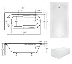 BESCO - Obdĺžniková vaňa Vindobona - Rozmer vane - 150 × 70 cm OLVVIN15 + OLVPINOZ