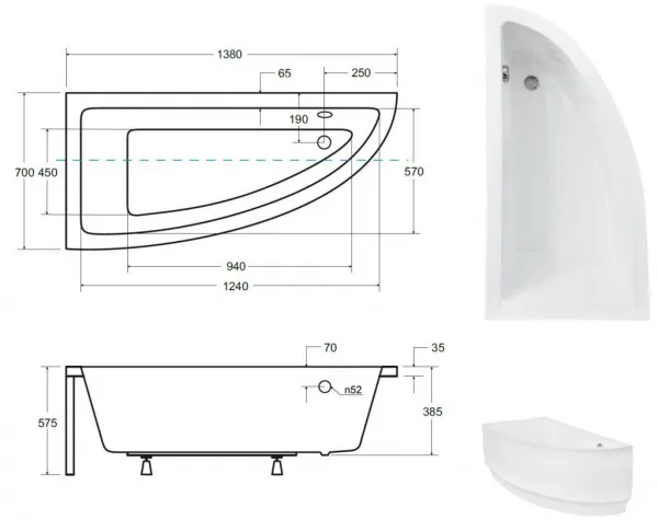 BESCO - Asymetrická vaňa fondy - Nožičky k vani - Bez nožičiek, Rozmer vane - 150 × 70 cm, Spôsob prevedenia - Pravé OLVFON15P