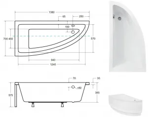 BESCO - Asymetrická vaňa fondy - Nožičky k vani - Bez nožičiek, Rozmer vane - 150 × 70 cm, Spôsob prevedenia - Pravé OLVFON15P