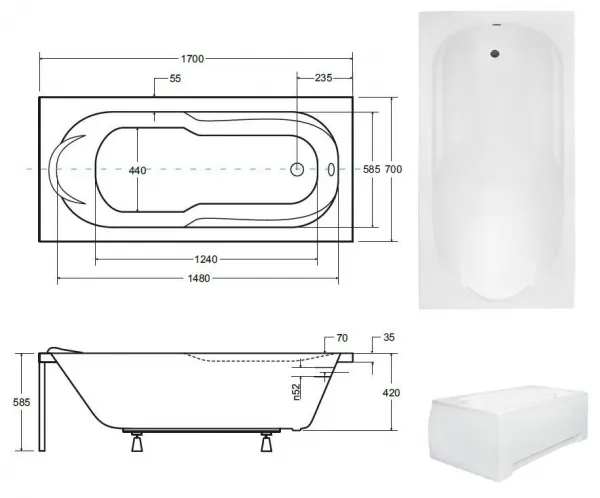 BESCO - Obdĺžniková vaňa Vindobona - Rozmer vane - 170 × 70 cm OLVVIN17 + OLVPINOZ