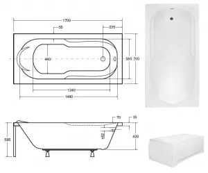 BESCO - Obdĺžniková vaňa Vindobona - Rozmer vane - 170 × 70 cm OLVVIN17 + OLVPINOZ
