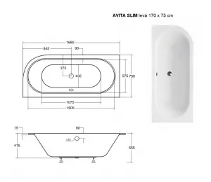 BESCO - Asymetrická vaňa AVITA SLIM - Nožičky k vani - Bez nožičiek, Rozmer vane - 170 × 75 cm, Spôsob prevedenia - Ľavé VANAVIT170SLIML