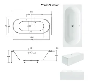 BESCO - Obdĺžniková vaňa VITAE - Nožičky k vani - Bez nožičiek, Rozmer vane - 170 × 75 cm VANVITAE170