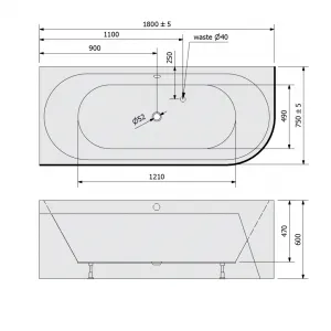 POLYSAN - VIVA L MONOLITH asymetrická vaňa 180x75x60cm, biela 72099M