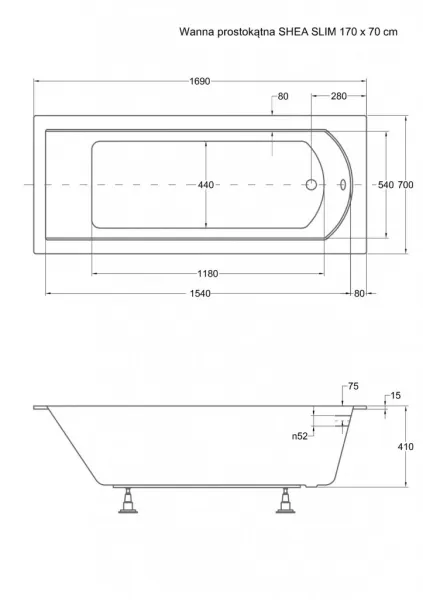 BESCO - Obdĺžniková vaňa SHEA SLIM - Nožičky k vani - S nožičkami, Rozmer vane - 170 × 70 cm VANSHEA170SLIM + OLVPINOZ