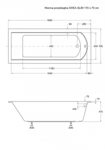 BESCO - Obdĺžniková vaňa SHEA SLIM - Nožičky k vani - S nožičkami, Rozmer vane - 170 × 70 cm VANSHEA170SLIM + OLVPINOZ