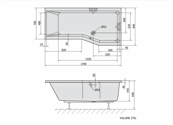 POLYSAN - VERSYS R asymetrická vaňa 170x84x70x47cm, biela 70611