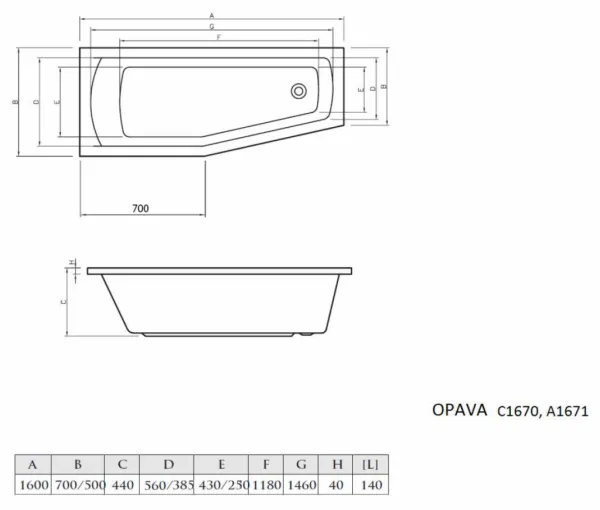 AQUALINE - OPAVA vaňa 160x70x44cm, pravá, biela A1671
