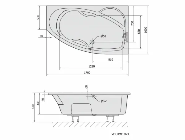 POLYSAN - MAMBA R asymetrická vaňa 170x100x44cm, biela 77111