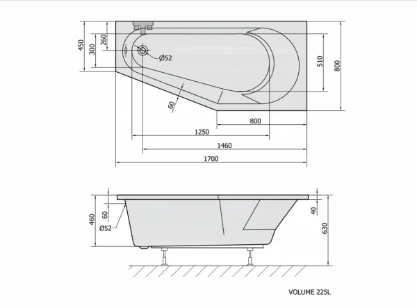 POLYSAN - TIGRA R asymetrická vaňa 170x80x46cm, biela 90611