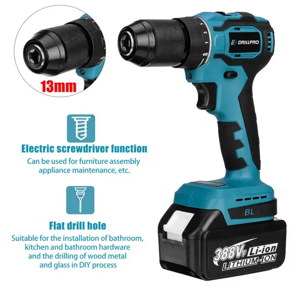 Súprava bezuhlíkového elektrického náradia DrillPro 4 in 1, 4 x batérie 2 ks nabíjačka Batéria: 2ks batéria