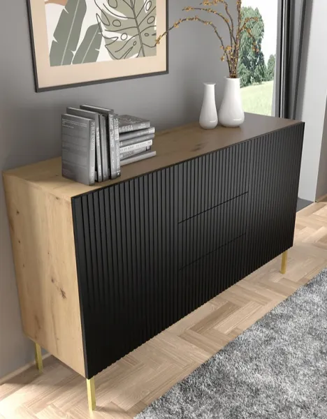 ARTBm Komoda RAVENNA B 2D3S 150 | dub artisan / čierna matná Prevedenie: Dub artisan / čierny mat  / čierne nohy