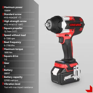 ONEVAN 1/2" 1800 N·m Momentový Bezuhlíkový Elektrický Rázový Uťahovák | Pre 18V Batériu Makita. Červeno čierna farba