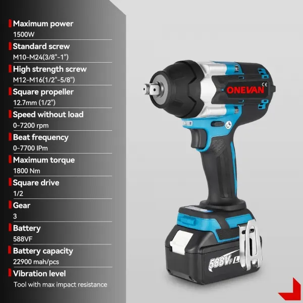 ONEVAN 1/2" 1800 N·m Momentový Bezuhlíkový Elektrický Rázový Uťahovák | Pre 18V Batériu Makita. Číslo 1 v TOP 5 Čínskych rázových uťahovákov Batéria: 2ks batéria