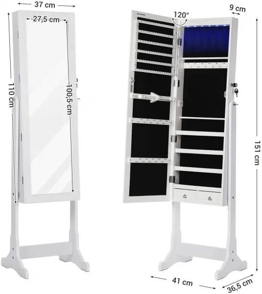 SONGMICS Šperkovnica so zrkadlom voľne stojaca biela 41 x 151 cm