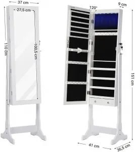 SONGMICS Šperkovnica so zrkadlom voľne stojaca biela 41 x 151 cm