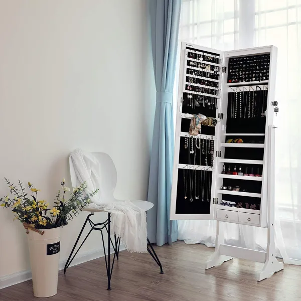 SONGMICS Šperkovnica so zrkadlom voľne stojaca biela 41 x 151 cm