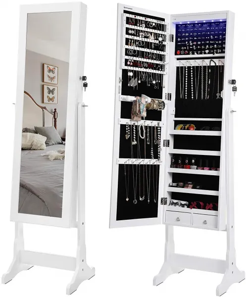 SONGMICS Šperkovnica so zrkadlom voľne stojaca biela 41 x 151 cm