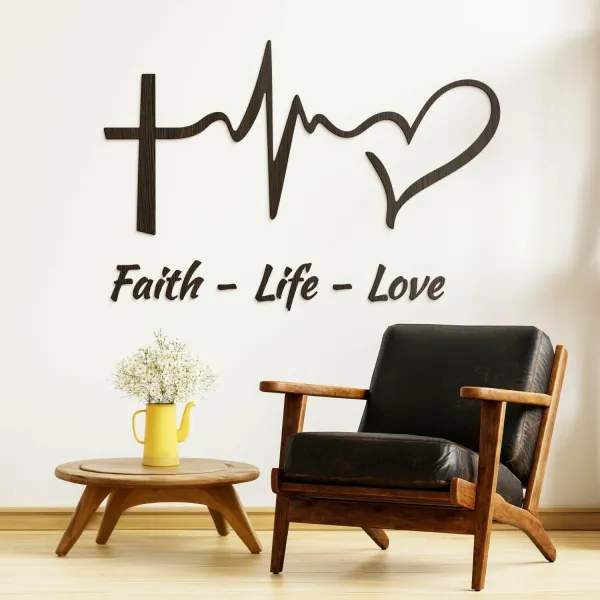 Drevená kresťanská nálepka - Faith, Life, Love