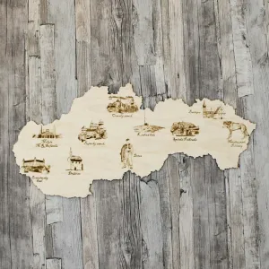 Drevená gravírovaná mapa Slovenska - Kultúrno-prírodné pamiatky
