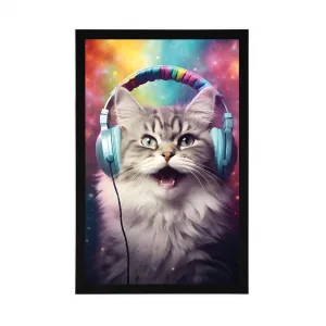 Plagát mačka so slúchadlami