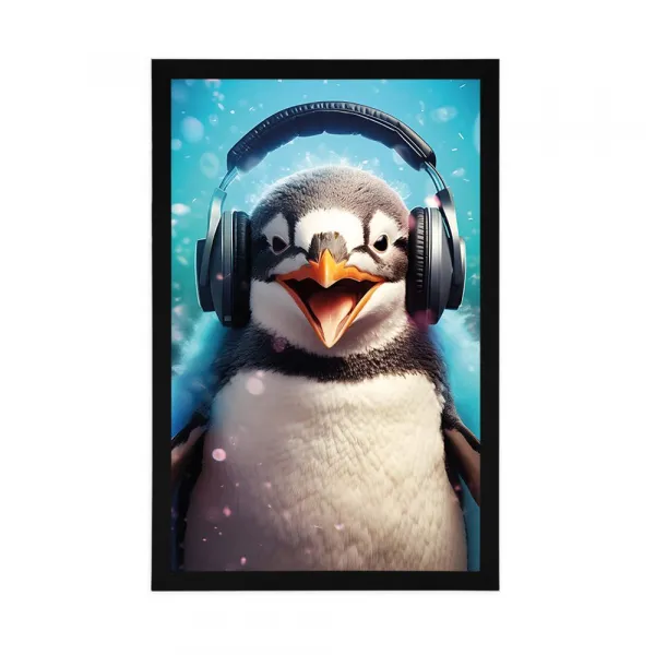 Plagát tučniak so slúchadlami