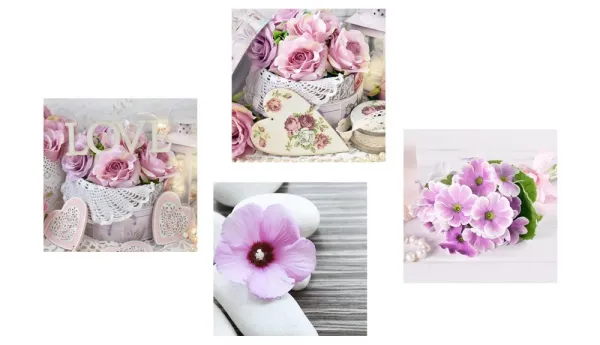 Set obrazov romantické kvety s nápisom Love