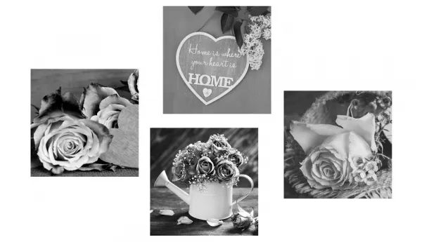 Set obrazov čiernobiele kvetiny s nápisom Home