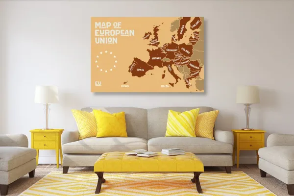 Obraz náučná mapa s názvami krajín európskej únie v odtieňoch hnedej